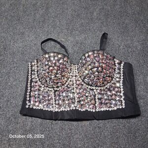 Lydia USA Heavy Studded Rhinestone Longline Sexy Bra Size Large Festival‎ Wear
